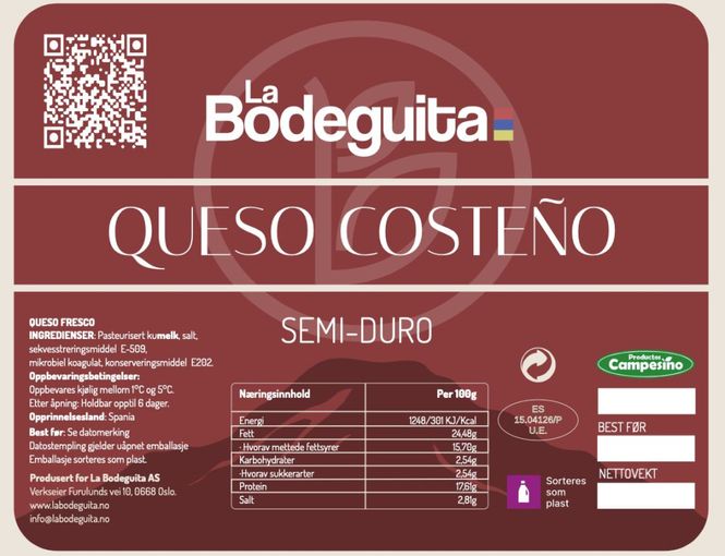 Hovedbilde QUESO COSTEÑO ( semiduro ) ca.250g La Bodeguita ...